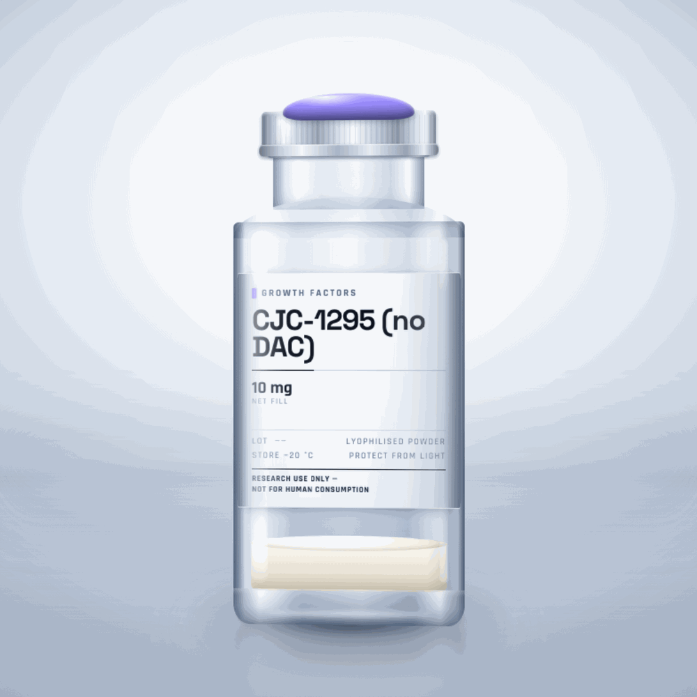 CJC-1295 (no DAC) 10mg vial — clear glass research-compound vial with an aluminium crimp cap,  purity, labelled for laboratory research use only