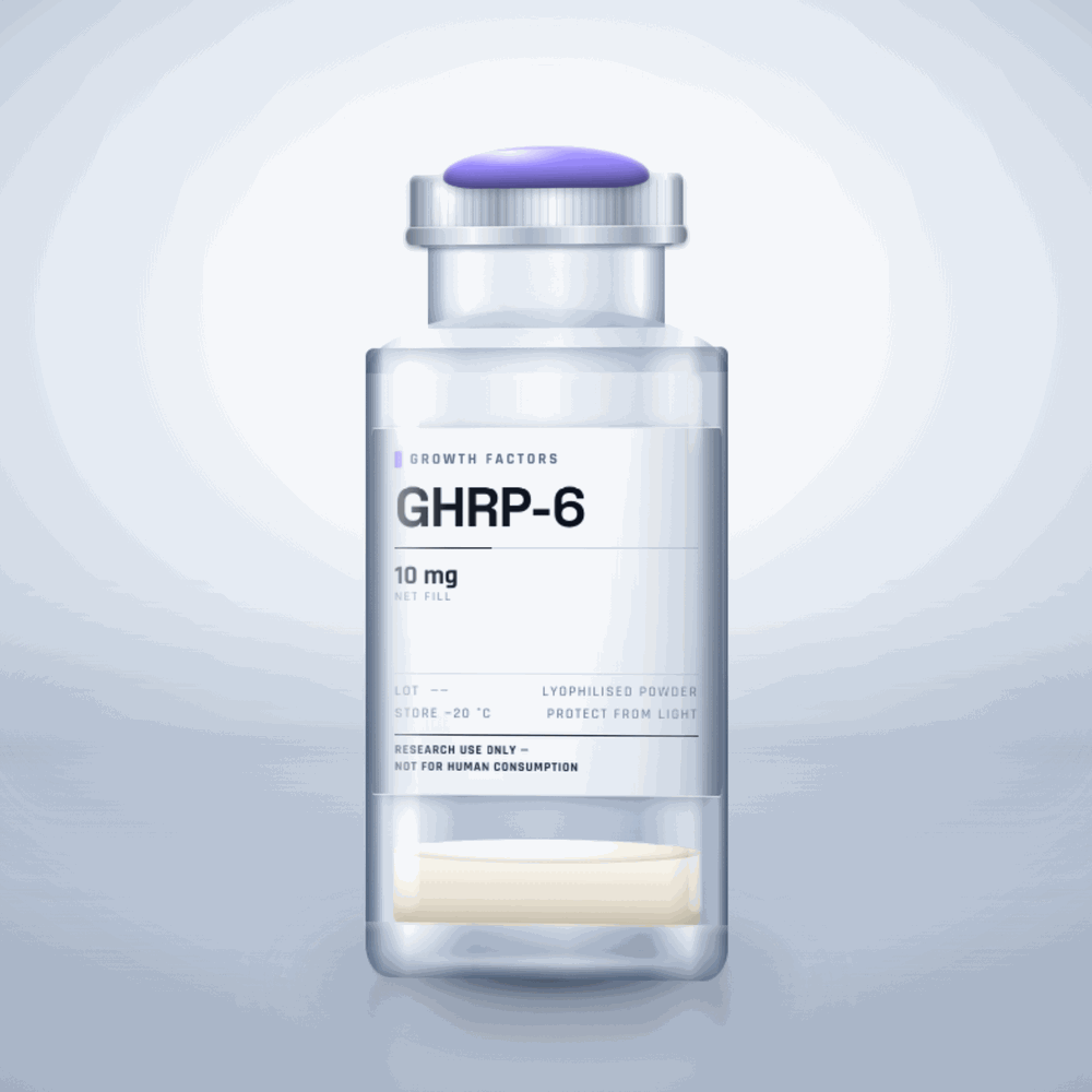 GHRP-6 10mg vial — clear glass research-compound vial with an aluminium crimp cap,  purity, labelled for laboratory research use only