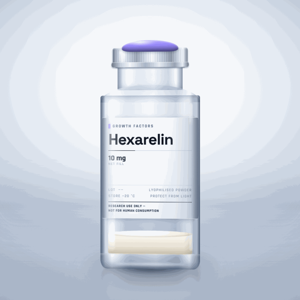 Hexarelin 10mg vial — clear glass research-compound vial with an aluminium crimp cap,  purity, labelled for laboratory research use only