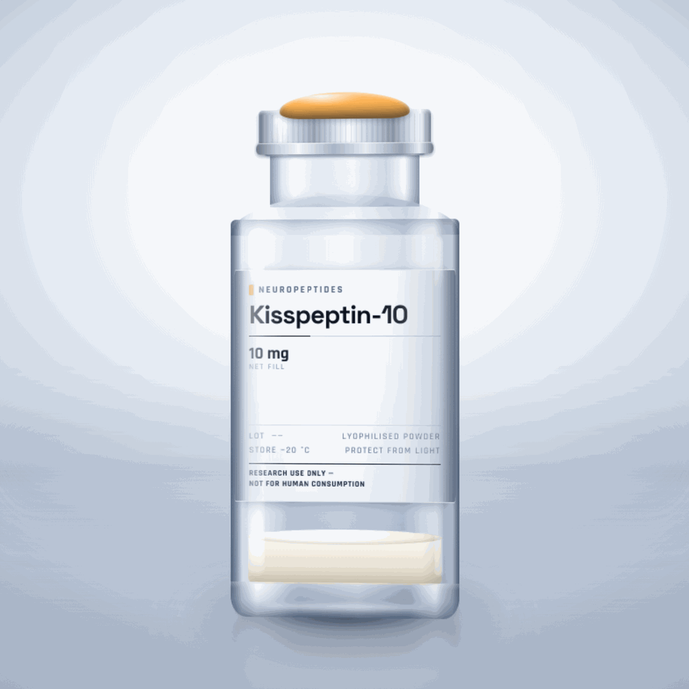 Kisspeptin-10 10mg vial — clear glass research-compound vial with an aluminium crimp cap,  purity, labelled for laboratory research use only