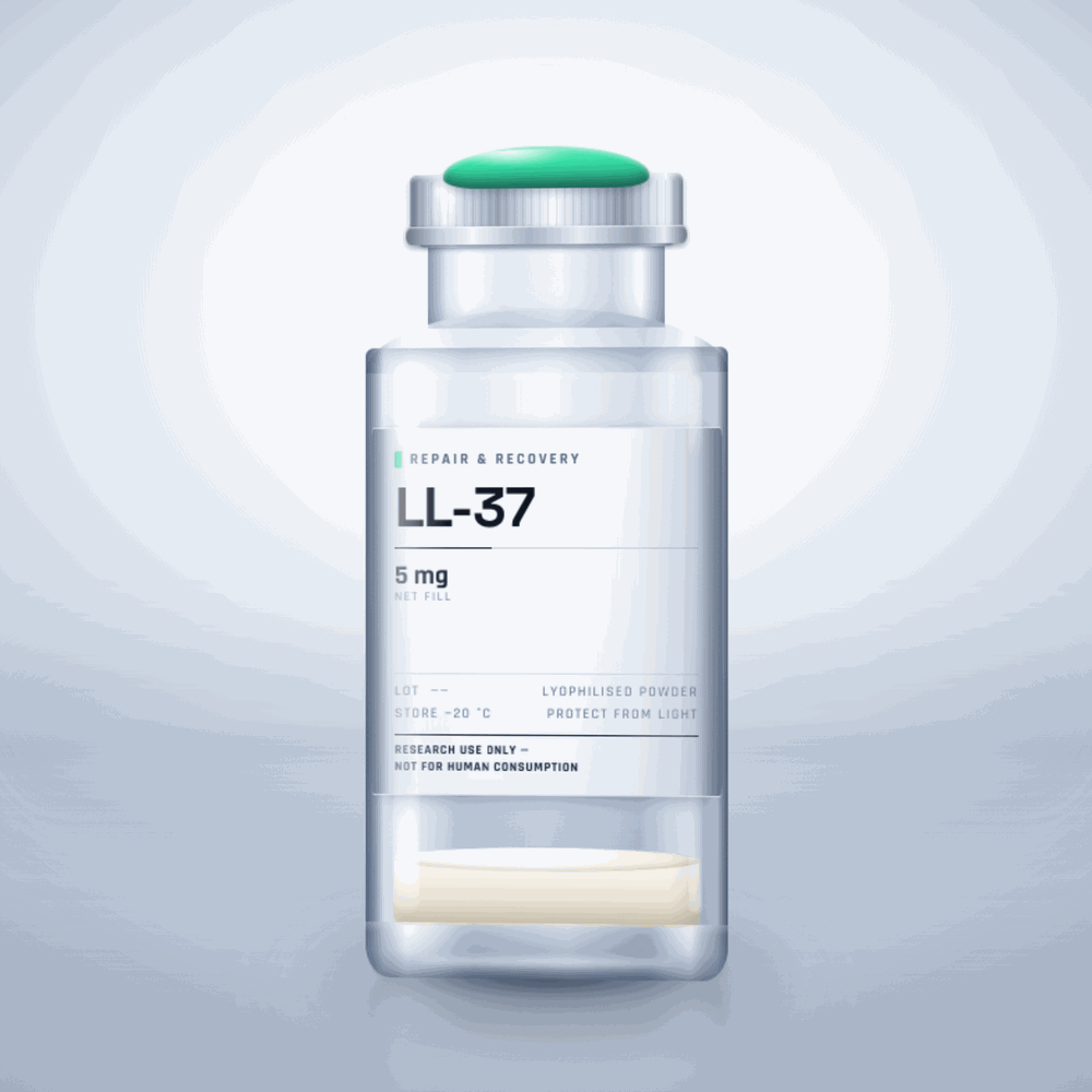 LL-37 5mg vial — clear glass research-compound vial with an aluminium crimp cap,  purity, labelled for laboratory research use only