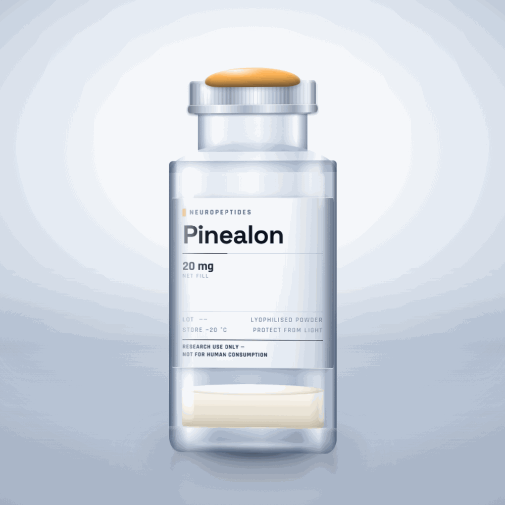 Pinealon 20mg vial — clear glass research-compound vial with an aluminium crimp cap,  purity, labelled for laboratory research use only
