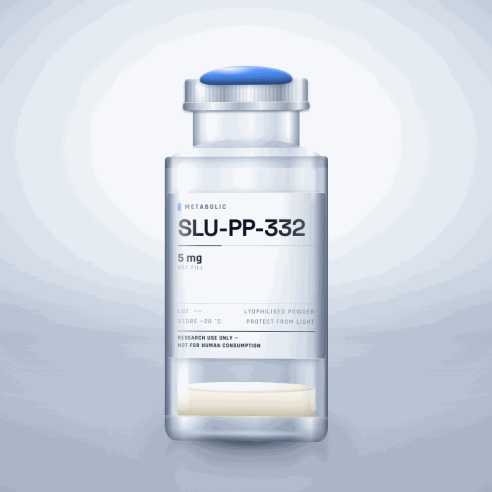 SLU-PP-332 5mg vial — clear glass research-compound vial with an aluminium crimp cap,  purity, labelled for laboratory research use only