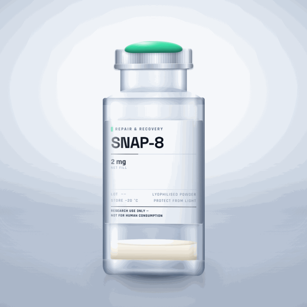 SNAP-8 2mg vial — clear glass research-compound vial with an aluminium crimp cap,  purity, labelled for laboratory research use only