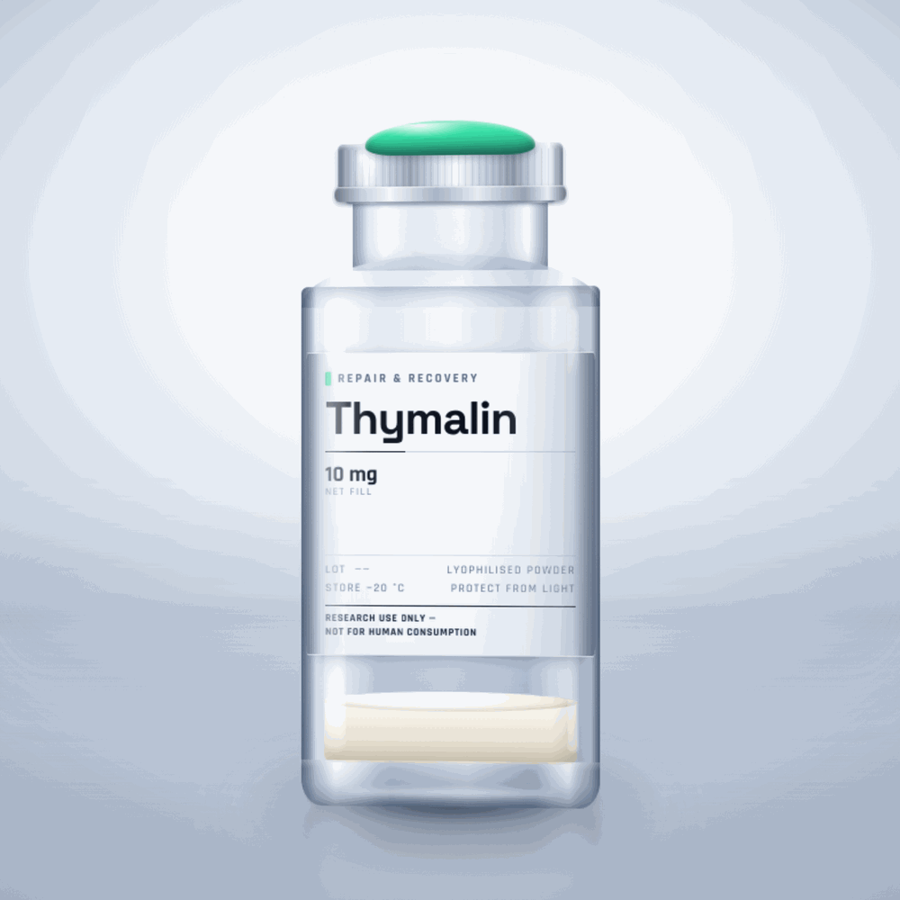 Thymalin 10mg vial — clear glass research-compound vial with an aluminium crimp cap,  purity, labelled for laboratory research use only