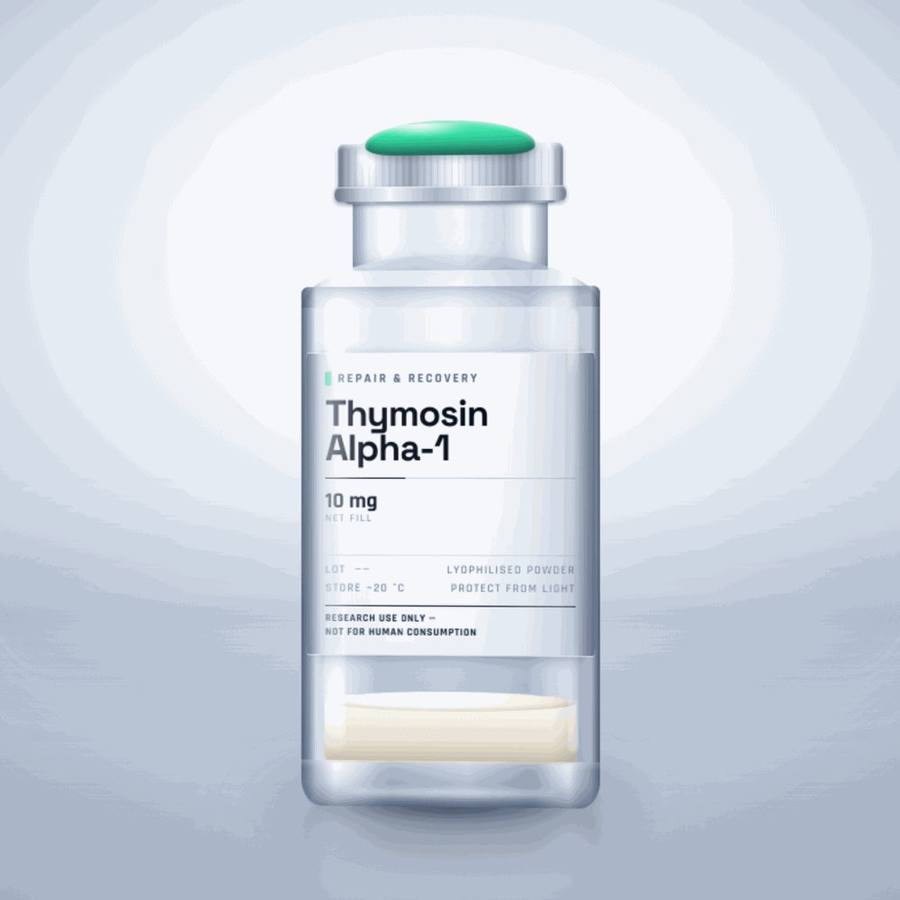 Thymosin Alpha-1 10mg vial — clear glass research-compound vial with an aluminium crimp cap,  purity, labelled for laboratory research use only